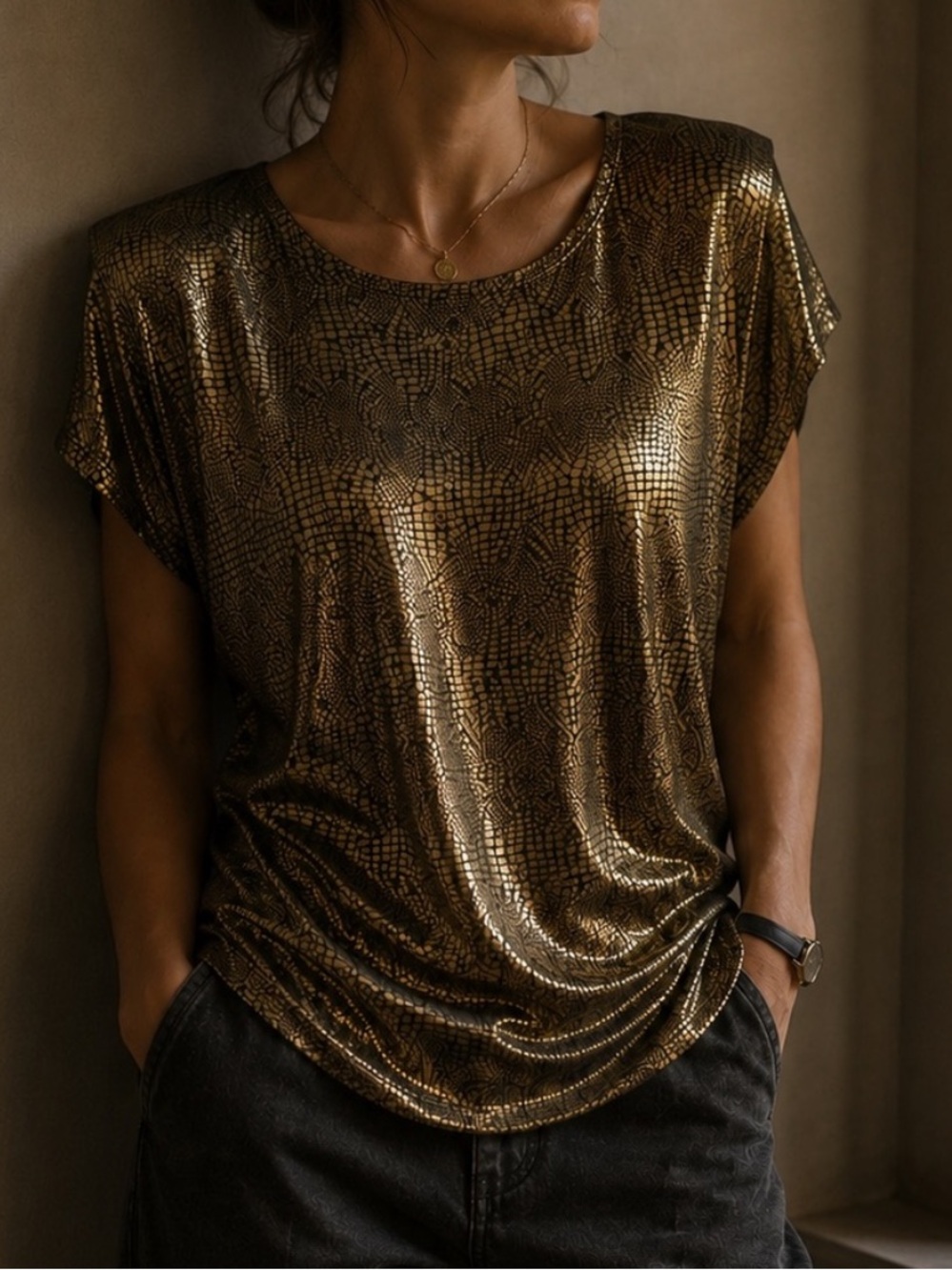 Vintage 1980’s Lauren Lee Gold Shimmer Blouse Padded Shoulder Blouse